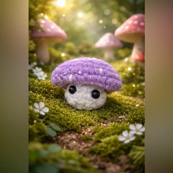 Crochet Purple Sparkle Popping Mushrooms - Picture 1 of 2